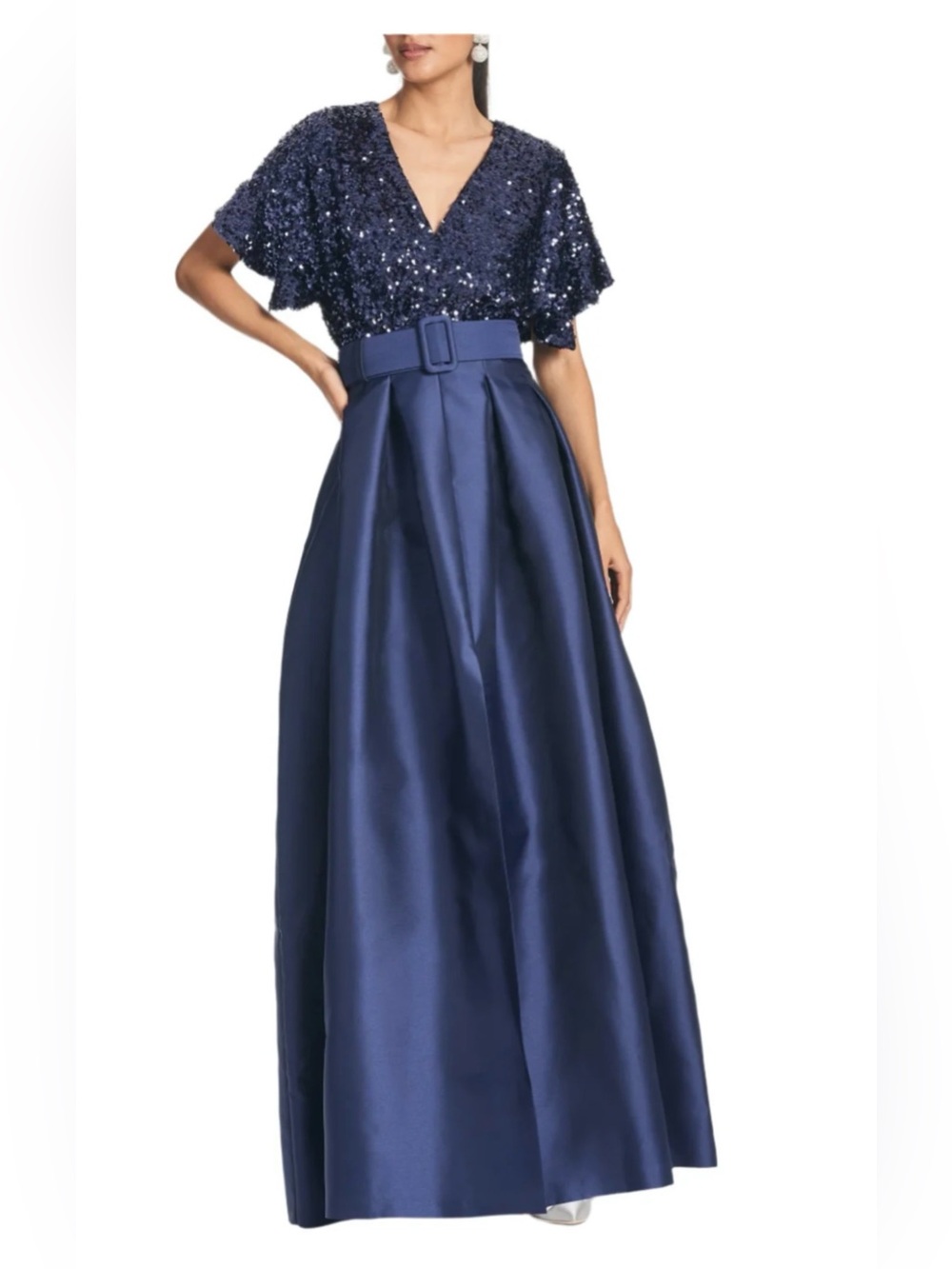 Sachin + Babi Navy Sequin Bodice Satin Ball Gown
